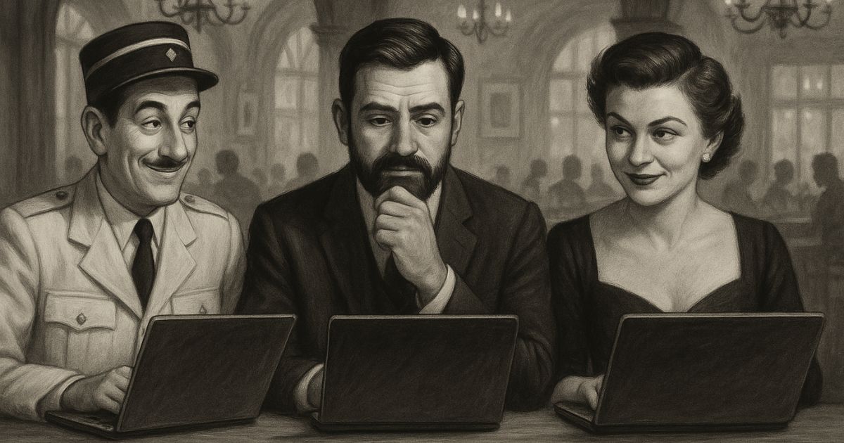 A black-and-white drawing of two men and one women using laptops. This image was generated by AI.