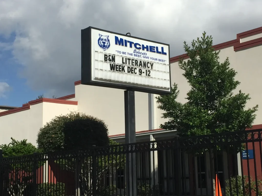 A sign outside an elementary school that promotes "literancy" week.