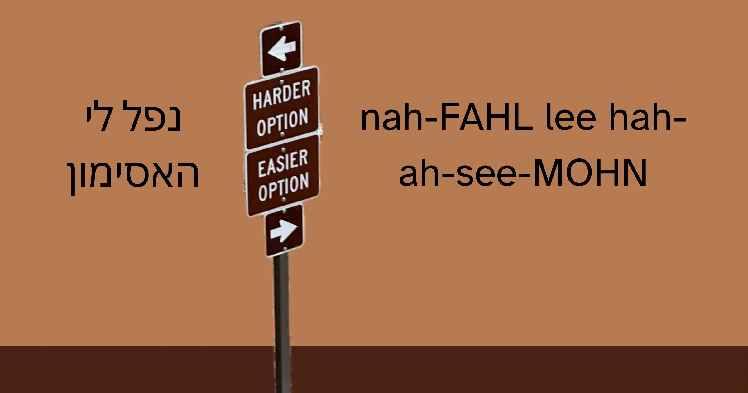 A sign with "the hard way" and "the easy way" pointing in opposite directions. The hard way points to "נפל לי האסימון." The easy way points to "nah-FAHL lee hah-ah-see-MOHN."